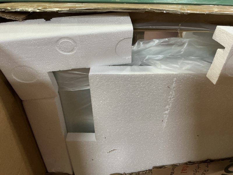 Condition photo showing Good Condition for loaao 20”x30” gold bathroom mirror, rounded rectangle gold frame mirror, brushed gold bathroom vanity mirror wall-mounted, anti-rust, hangs horizontally or vertically