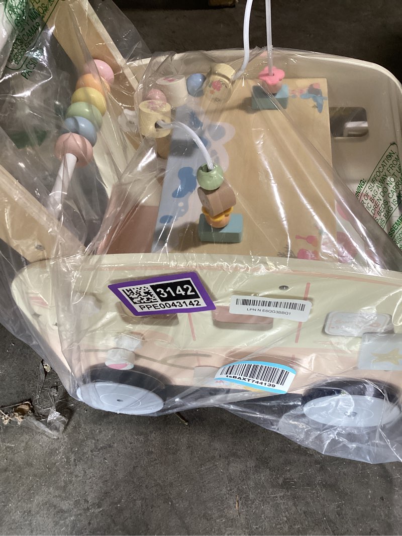 Condition photo showing As Is for robud wooden baby walker, height & speed adjustable baby push walker with anti-slip wheels, developmental activity center with ocean vacation theme, wooden walkers for babies learing to walk?pink dreamy vacation
