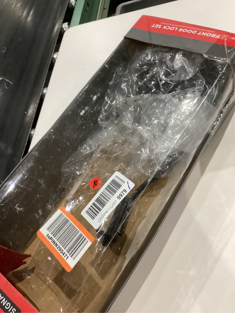 Condition photo showing As Is for kwikset arlington front door lock handle and deadbolt set, entry handleset exterior with interior reversible lever, venetian bronze, pick resistant smartkey rekey deadbolt security, requires 2 holes