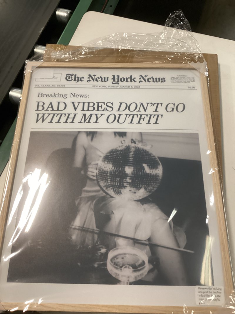 Condition photo showing Good Condition for EcoHest Trendy Newspaper Magazine Framed Wall Art, 16x20 in Large OAK Wood Bad Vibes Don't Go With My Outfit Disco Bar Canvas Wall Art, Preppy Retro Home Decor For Bedroom Living Room 1Pack Framed Bad 20"L x 16"W