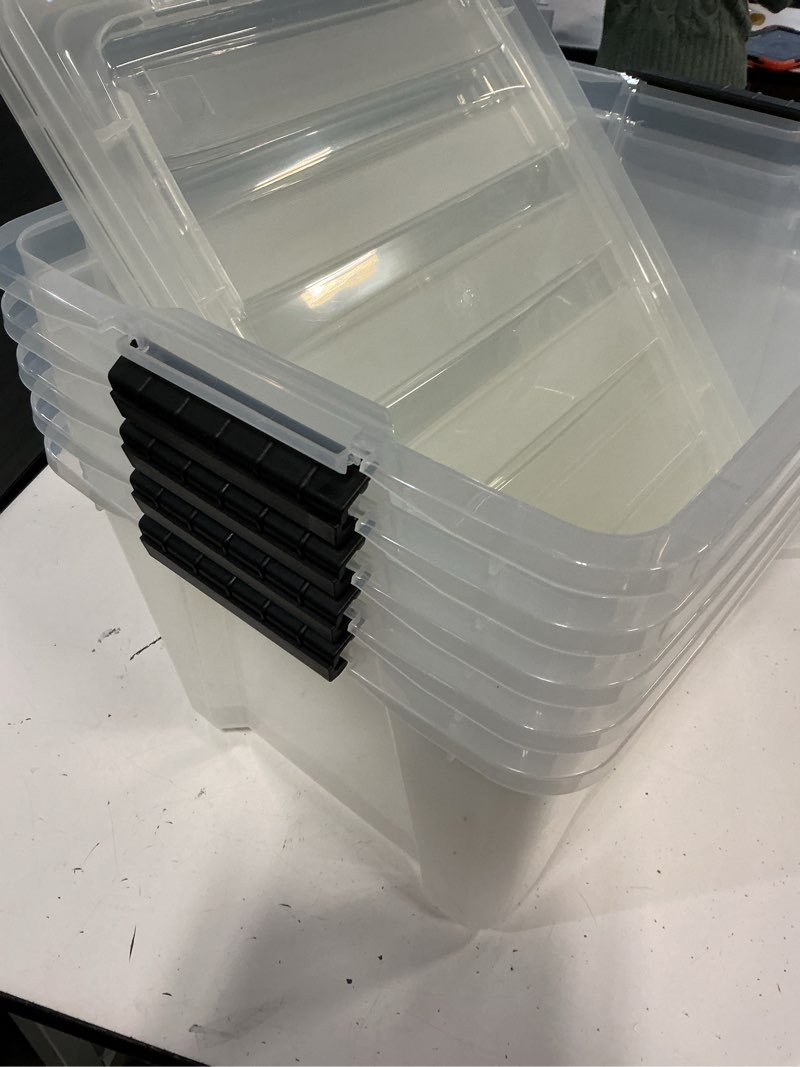 Condition photo showing As Is for (incomplete )iris usa 32 qt plastic storage box with lid and latches - 6 pack - bpa-free, see-through organizing solution, durable nestable stackable containers, secure pull handle - clear clear 32 qt 6 packo