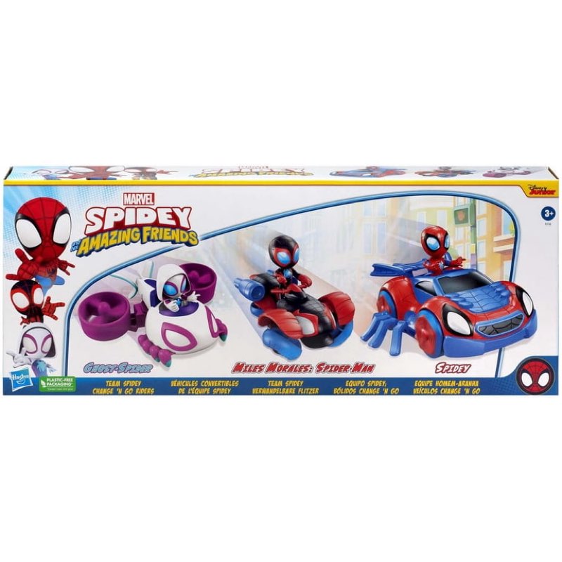 Condition photo showing New/Like New for marvel team spidey change 'n go riders spidey, miles morales & ghost-spider vehicle 3-pack