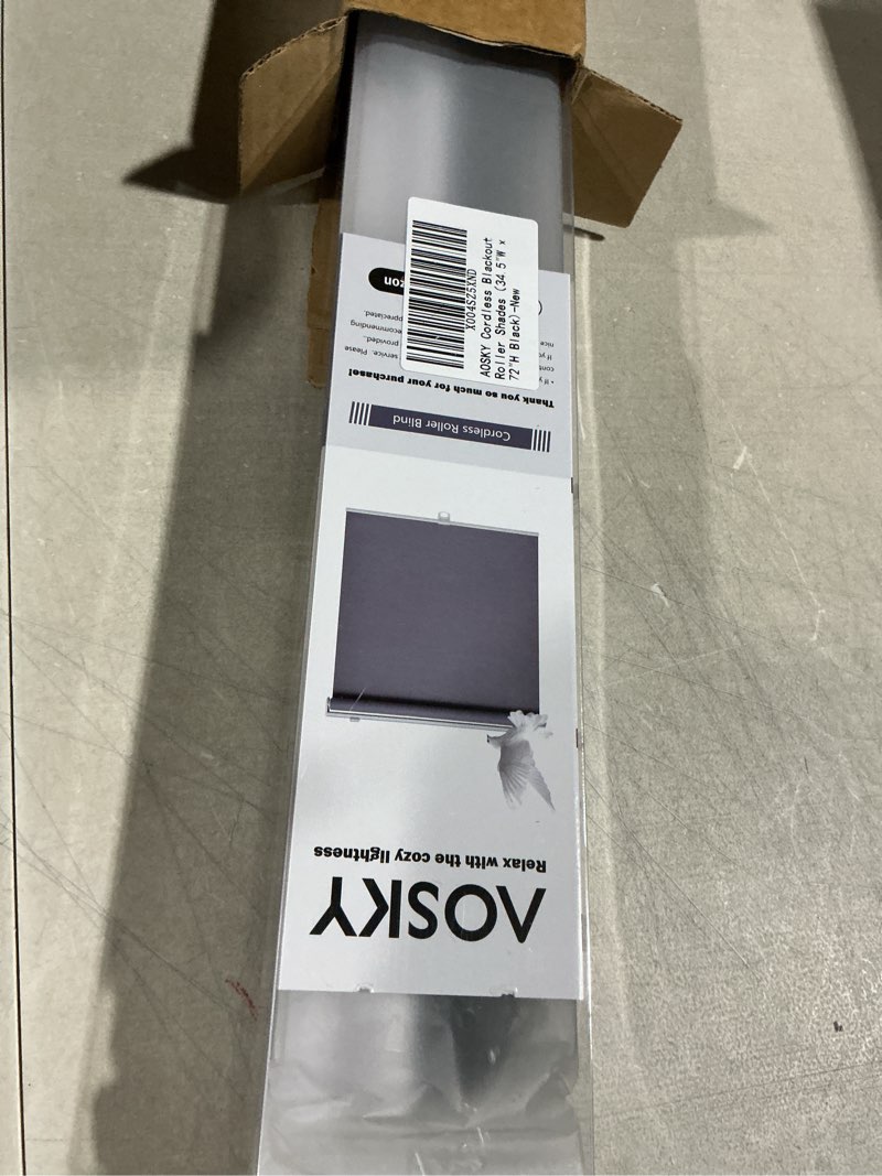Condition photo showing Good Condition for aosky cordless roller shades blackout blinds for windows room darkening rolled up shades with spring system, uv protection window shades door blinds for home and office (34.5" w x 72" h, black) 34.5"w x 72"h black