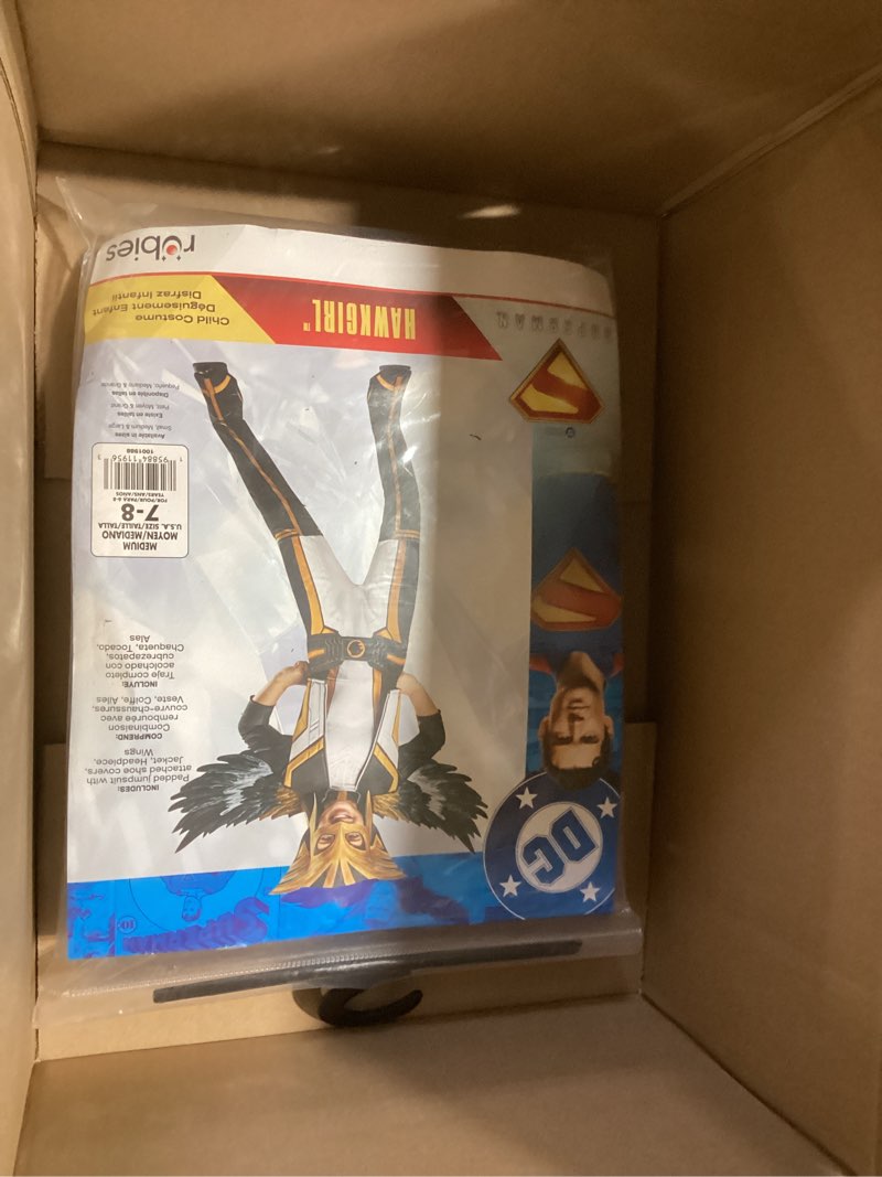 Condition photo showing As Is for Rubies Hawk Girl Kids Girls Superman Movie Costume Jumpsuit with Attached Shoe Covers and Headpiece Medium