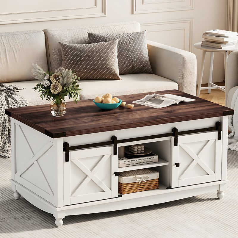 givens farmhouse lift top coffee table with storage sliding barn door