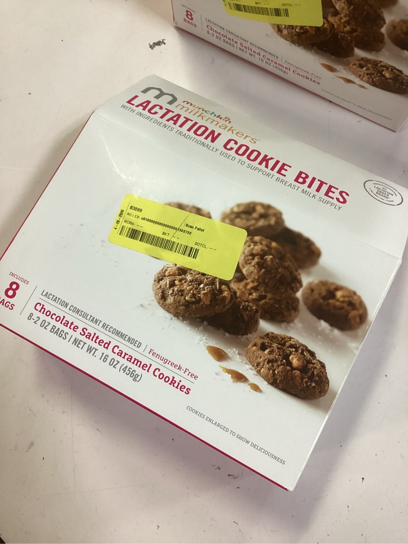 Condition photo showing New/Like New for munchkin milkmakers lactation cookie bites in chocolate salted caramel.