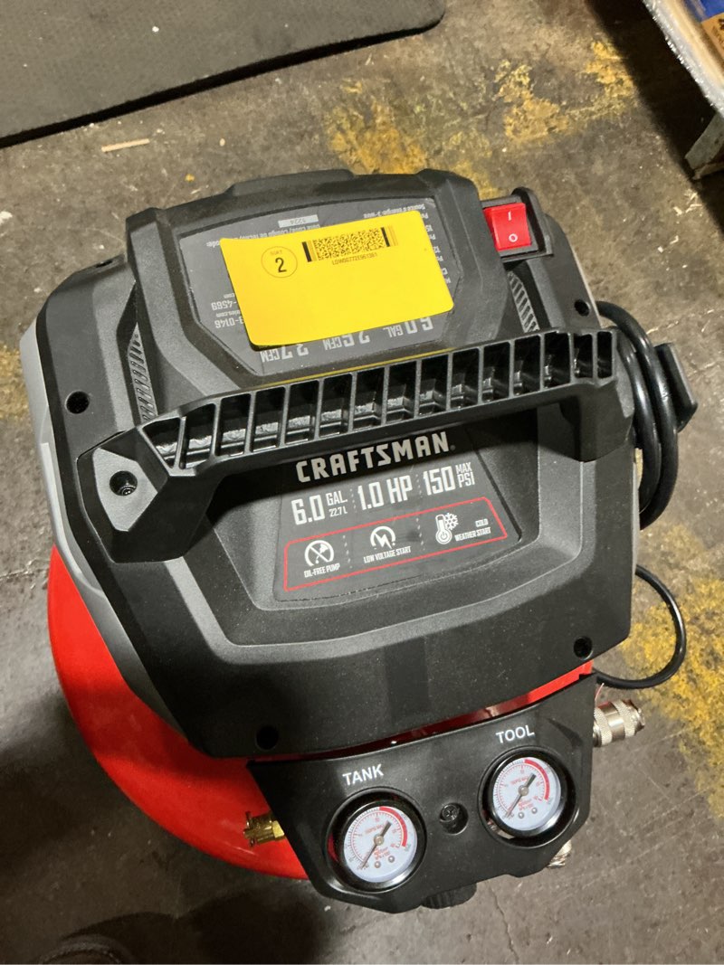 Condition photo showing As Is for craftsman 6-gallon portable electric 150 psi pancake air compressor