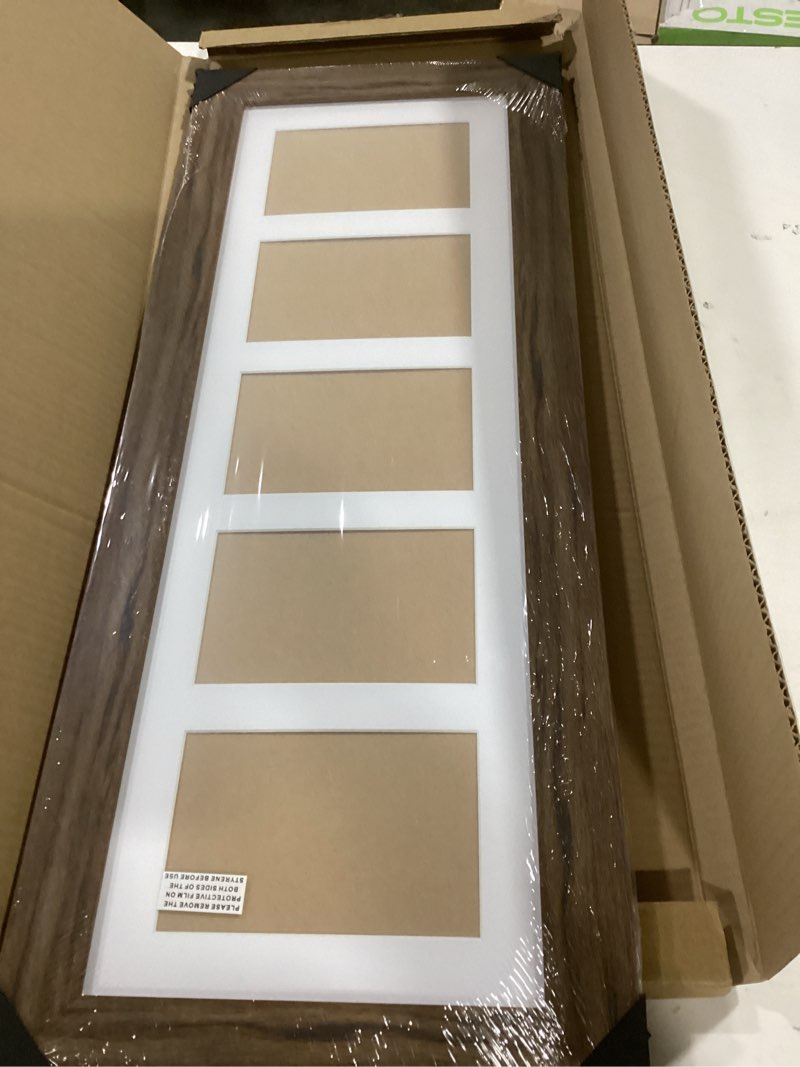 Condition photo showing As Is for 8x24 Picture Frame Display 5 opening 4X6 Picture Frame Collage,Multi Photo Frame with Mat,Plexiglass,Wall or Tabletop Decor,Carbonized Brown Wood Grain Carbonized Brown 8x24 - (5 open4x6?