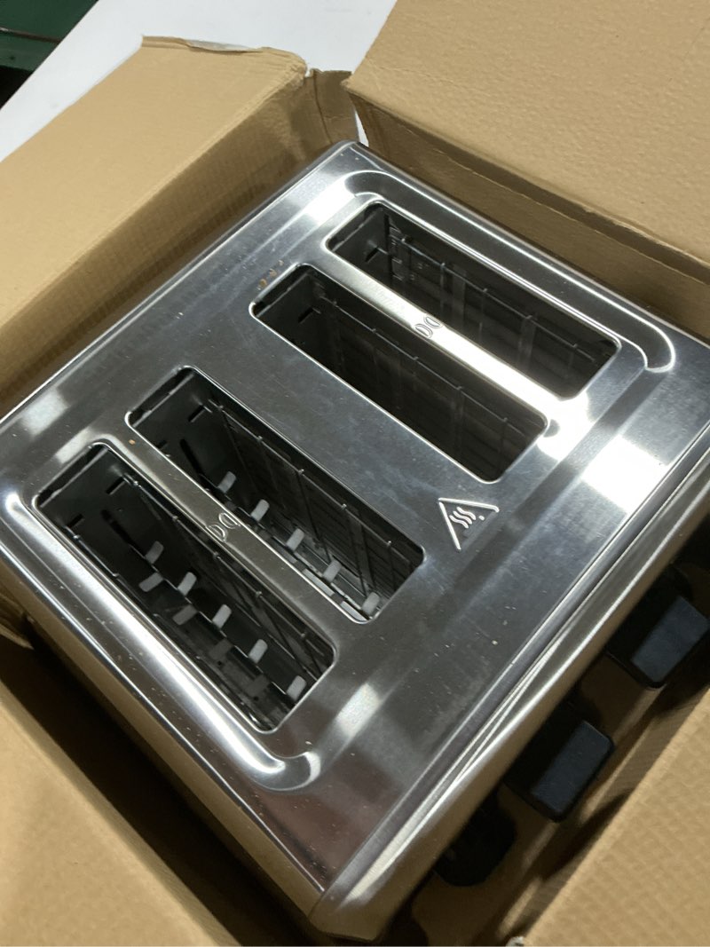 Condition photo showing As Is for hamilton beach 4 slice toaster with extra-wide slots, bagel setting, toast boost, slide-out crumb tray, auto-shutoff & cancel button, stainless steel (24798) 4 slice stainless steel toaster