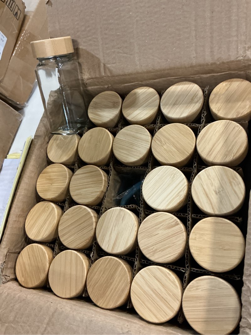 Condition photo showing New/Like New for netany 24 pcs glass spice jars with bamboo lids, 4 oz glass jars with minimalist farmhouse spice labels stickers, collapsible funnel, seasoning storage bottles for spice rack, cabinet, drawer