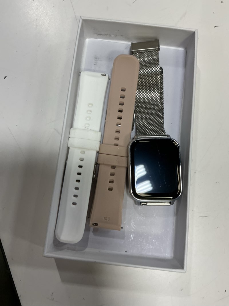 Condition photo showing As Is for ( incomplete missing cord ) smart watch for women, answer/make call smartwatch for ios android phones, 1.85" hd touch screen waterproof activity tracker with heart rate sleep monitor pedometer 100 sports modes, silver