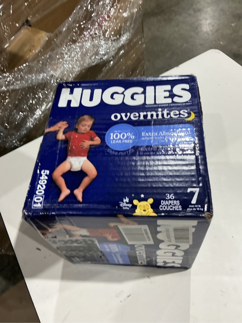 Condition photo showing New/Like New for huggies overnites size 7 overnight diapers (41+ lbs), 36 ct, packaging may vary size 7 36