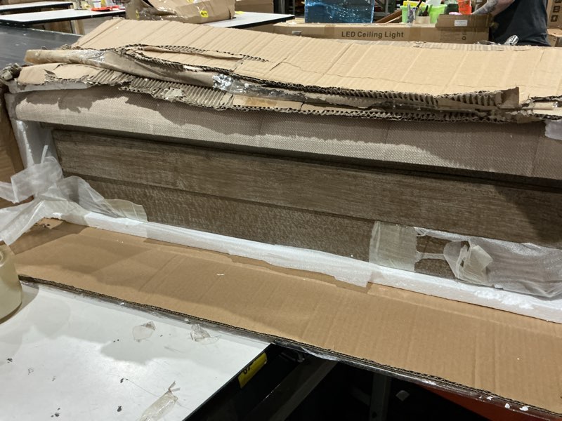 Condition photo showing As Is for beige button-tufted upholstery footboard bench 