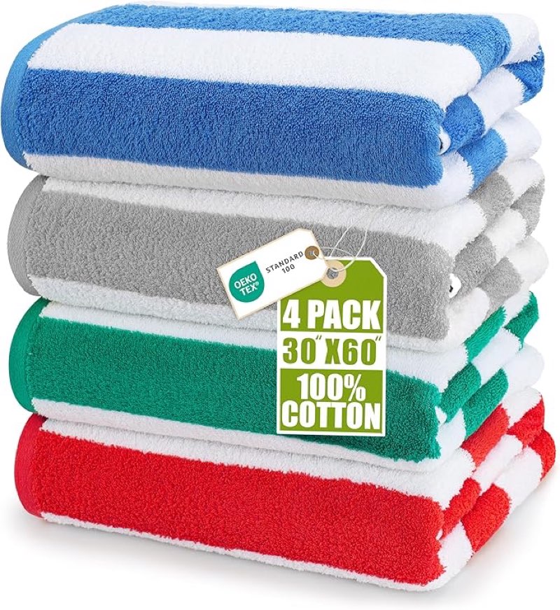utopia towels pack of 6  cabana beach towels, oversized 30 x 60 inches cotton beach towel set, smooth ring spun texture for pool and swim days, modern striped design bath towels
