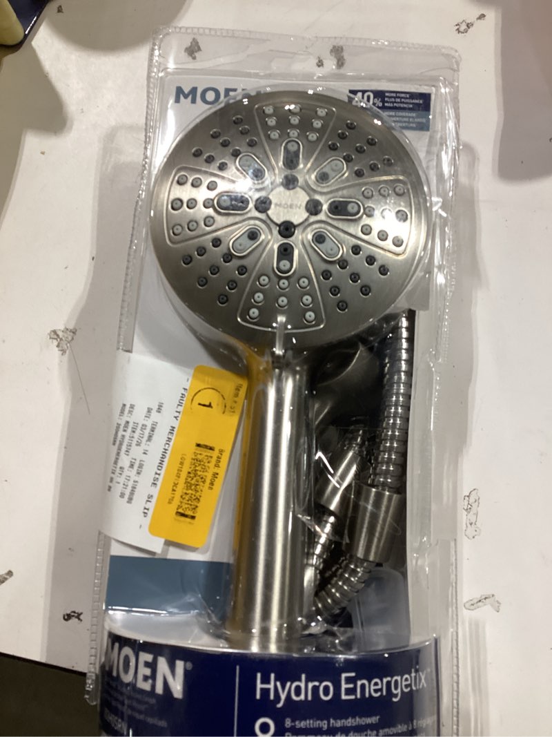 Condition photo showing As Is for moen hydro energetix spot resist brushed nickel detachable 7-function handheld shower head  200h0srn