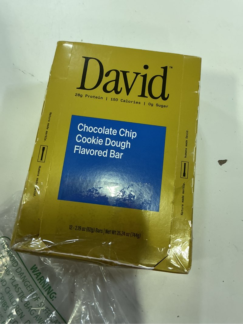 Condition photo showing New/Like New for best by-jan/07/2027) david high protein bars - 0g of sugar, low carb, gluten free - 28g of protein, 150 calories - on-the-go snack - chocolate chip cookie dough flavor, pack of 12 chocolate chip cookie dough 1 count (pack of 12)