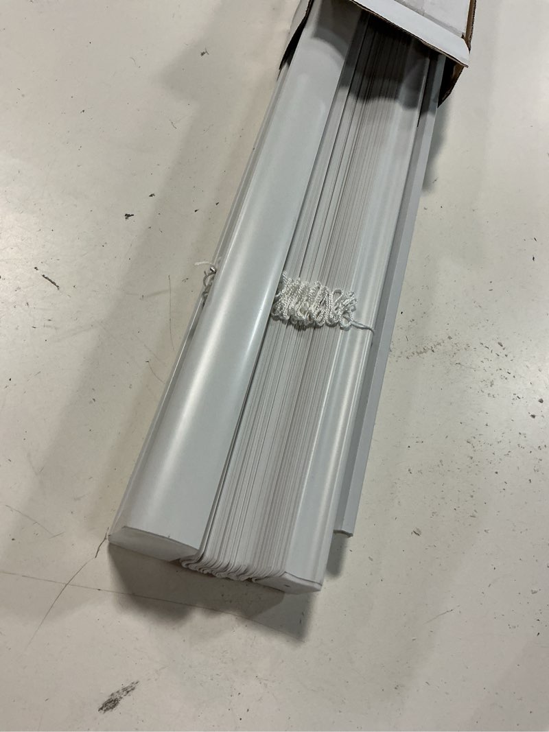 Condition photo showing As Is for project source light filtering 1-in slat width 29-in x 64-in cordless white vinyl light filtering mini-blinds