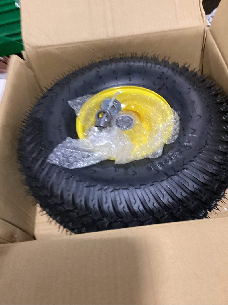 Condition photo showing As Is for 15x6.00-6 lawn mower tires, 15x6-6 tire and wheel, 15x6.00-6 tire, compatible with john deere/cub cadet riding mowers, 3" offset hub 3/4" bearings, 570lbs capacity, tubeless