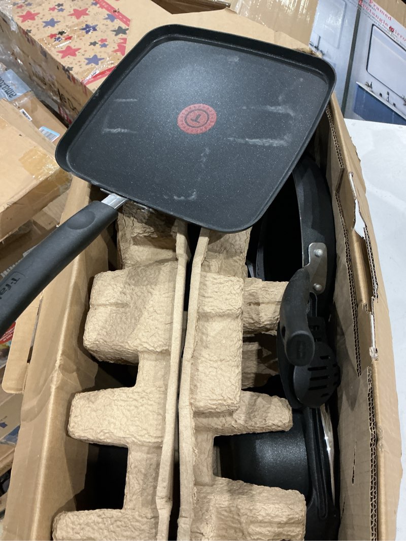 Condition photo showing As Is for incomplete t-fal signature nonstick pots and pans set 12 piece, oven broiler safe 350f, kitchen cookware set w/fry pans, saucepans, saute pan, dutch oven, griddle, kitchen, home, dishwasher safe, black nonstick onyx 12-piece