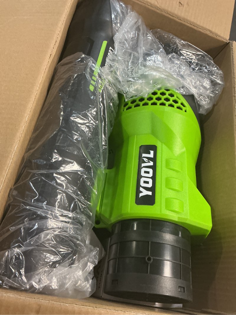 Condition photo showing Good Condition for leaf blower cordless, 650cfm electric leaf blowers with 2 x 5.2ah batteries and charger, 3 speed modes, 1 x adjustable shoulder strap, powerful blowers for lawn care, patio, dust, blowing leaves plastic a-green