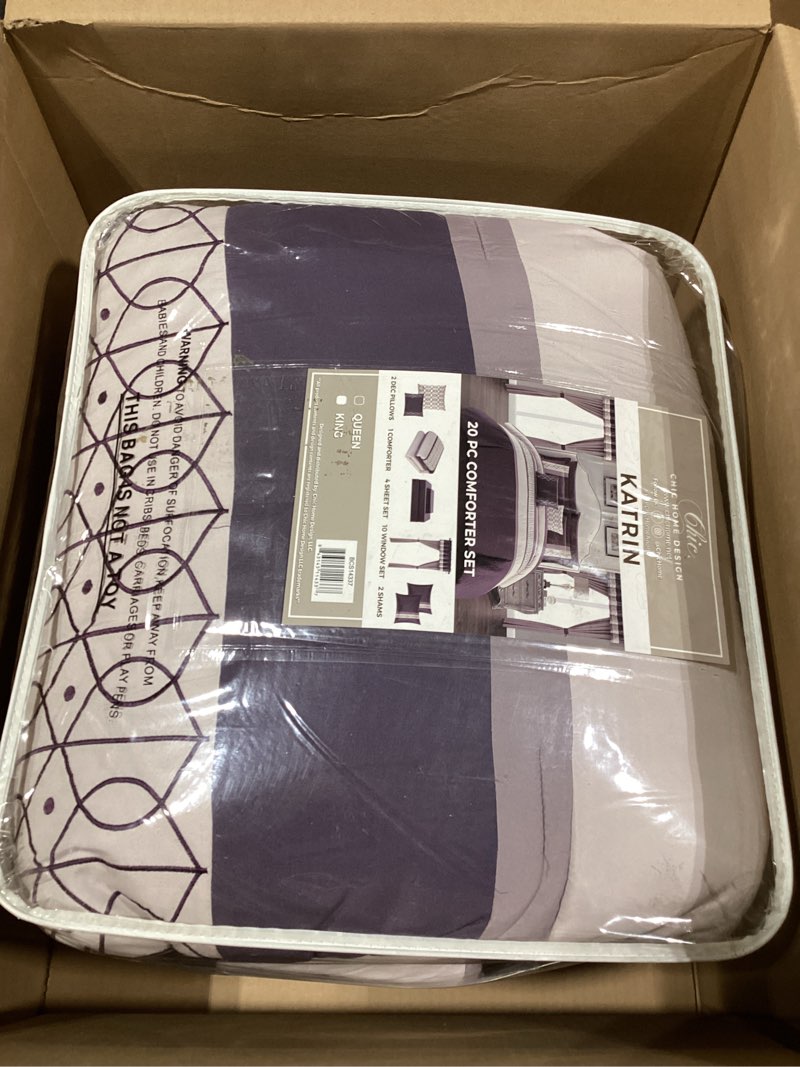 Condition photo showing Good Condition for Chic Home Katrin 20 Piece Comforter Color Block Geometric Embroidered Bag Bedding-Sheet Set Pillowcases Window Treatments Decorative Pillows Shams Included, King, Plum