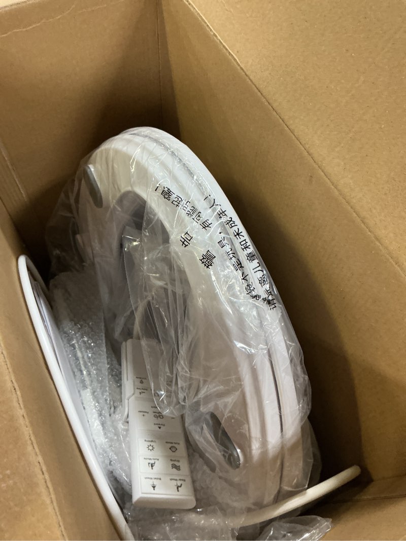Condition photo showing New/Like New for bidet toilet seat, round, smart unlimited warm water, electronic heated toilet seat with remote control, turbo wash, dryer, rear and front wash, slow closes, night light, white, 102ds-w