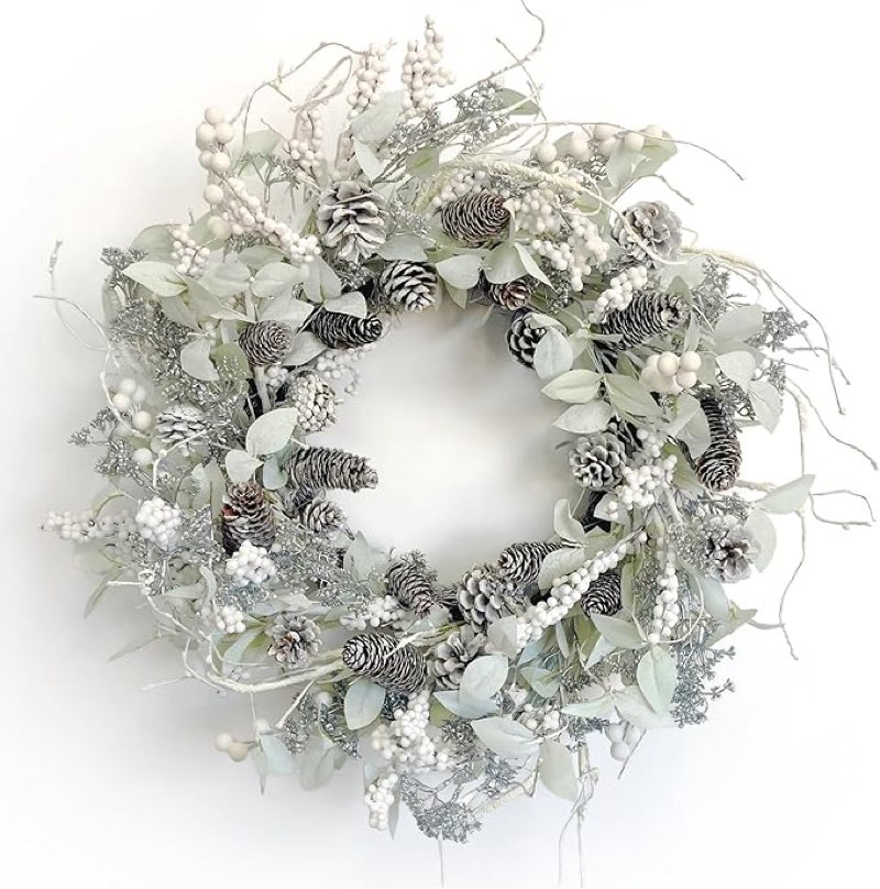 Birch Wreath with White Berries, Iced Pine Cones, Holly Leaf, Branch - 26\\\" Winter Christmas Wreath for Front Door or Indoor Wall Window Thanksgiving Decor 