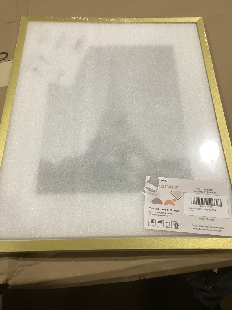 Condition photo showing New/Like New for upsimples 16x20 picture frame, display pictures 11x14 with mat or 16 x 20 without, wall hanging poster frame, gold, 1 pack gold 16x20