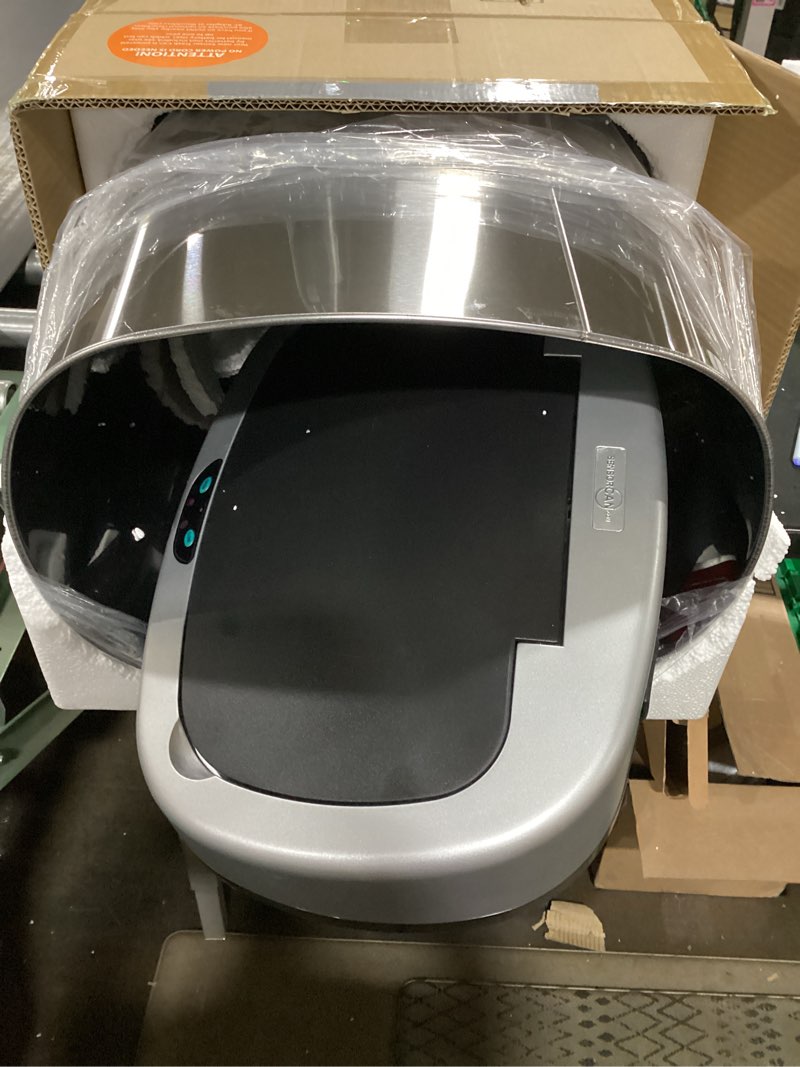 Condition photo showing New/Like New for itouchless 13 gallon oval sensor trash can with odor filter, automatic motion sensor kitchen bin, soft-close stainless steel, slim curved wastebasket for narrow walkways & islands, matte silver light silver, black