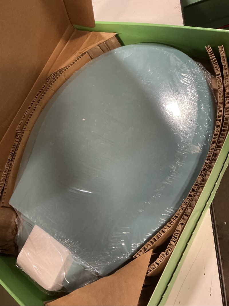 Condition photo showing New/Like New for toilet seat, slow close, soft touch, ultra-smooth matte finish (no orange-peel texture), premium moulded wood, quick release, piklids (sky blue, round) sky blue round