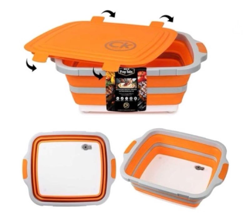 New XL Collapsible BBQ Prep Tub with LOCKING Lid, Cutting Board & Drain Hole | BPA-Free, Food-Grade, Recyclable, Space-Saving Caddy for Grilling, Camping, Kitchen & Outdoor Cooking (Orange, 30 Liters)
