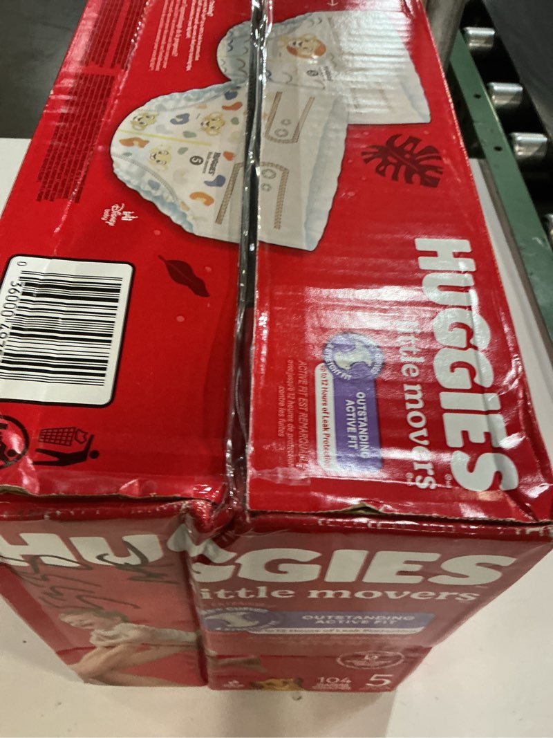 Condition photo showing New/Like New for huggies size 5 diapers, little movers baby diapers, size 5 (27+ lbs), 104 count, packaging may vary size 5 104