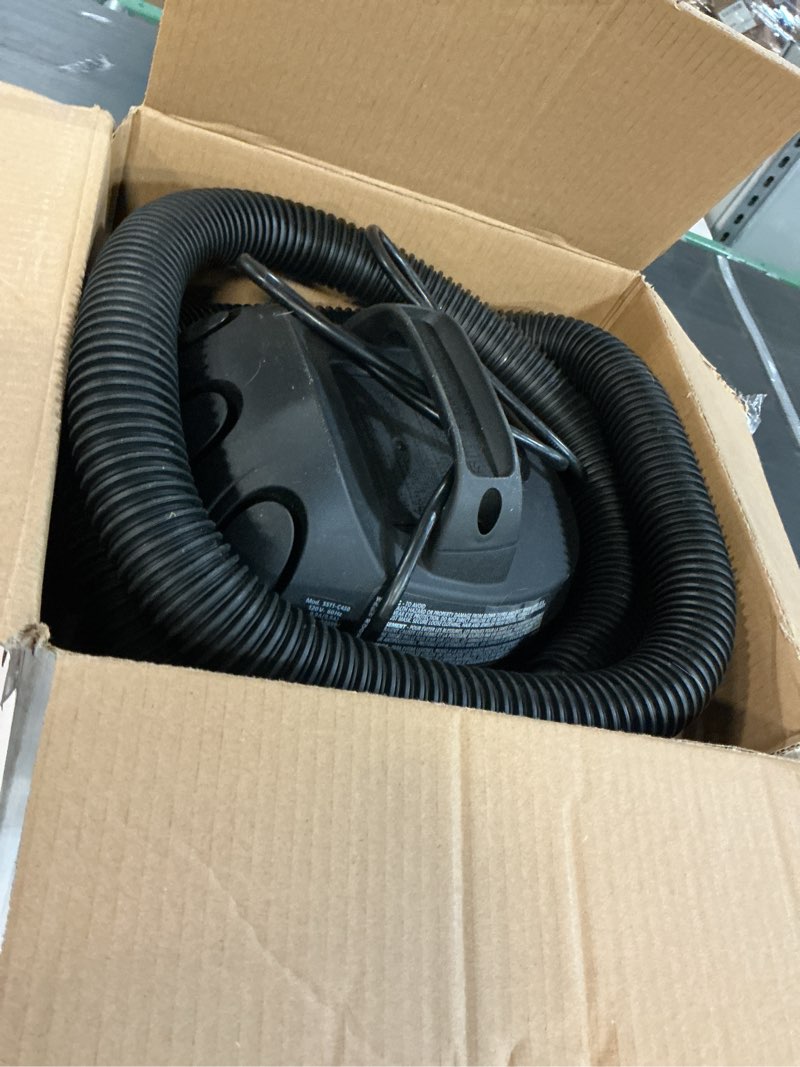 Condition photo showing As Is for shop-vac 5989305 wet/dry vacuum, 5 gallon, 4.5 peak hp stainless steel vacuum, 1.25 inch diameter x 7 foot hose, 6 ft cord length, ideal for jobsite, garage, car & workshop