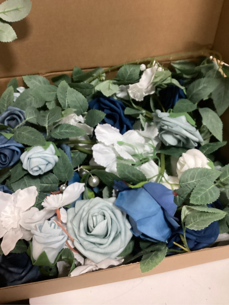 Condition photo showing New/Like New for ling's moment welcome sign flowers, wedding floral swag, dusty blue & navy | 2pcs artificial arch decorations rose greenery arrangement ceremony reception garden easel entryway outdoor not include sign