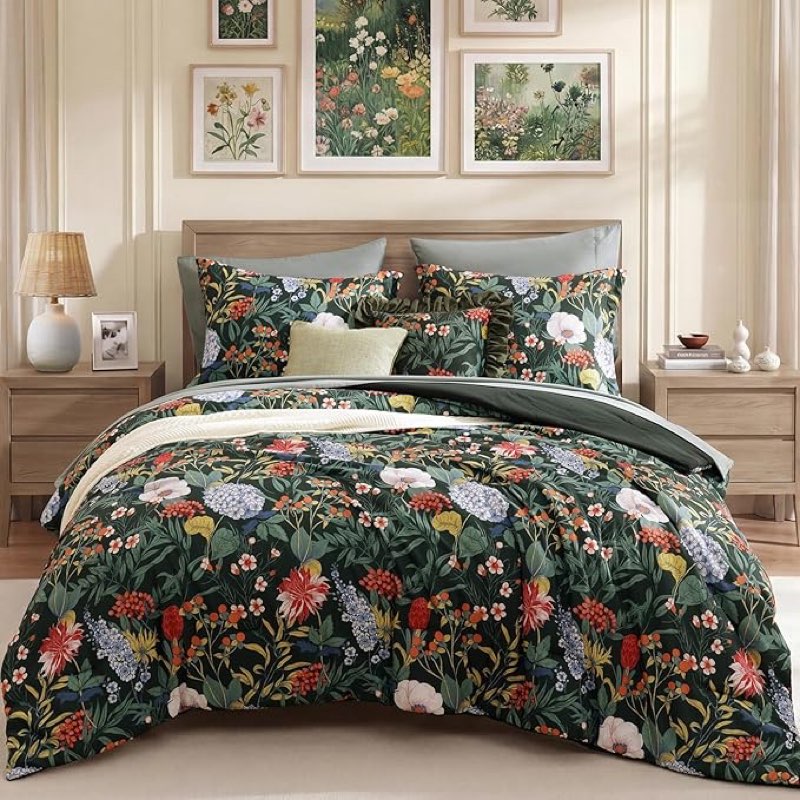 CASAAGUSTO Queen Comforter Set-7 Pieces Green Botanical Floral Bedding Set, Flowers Printed Design Q