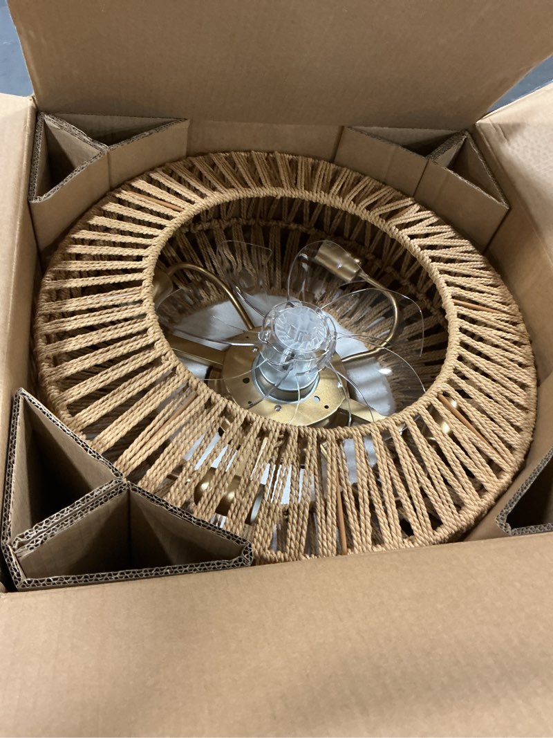 Condition photo showing As Is for Gutenliter 20" Woven Caged Low Profile Bladeless Ceiling Fan with Light and Remote, Farmhouse Flush 