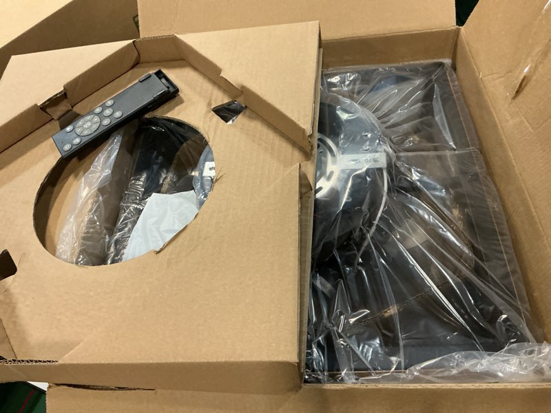 Condition photo showing New/Like New for LEDIARY Caged Low Profile Ceiling Fans with Lights and Remote, Rustic Square Flush Mount Ceiling Fan, 6 Speed and Reversible, Small Farmhouse Bladeless Ceiling Fan for Bedroom, Kitchen, Dining Room Wood Grain 16 Inch