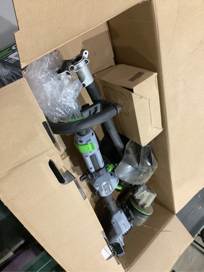 Condition photo showing As Is for ego power+ line iq with powerload st1623t 16 in. 56 v battery string trimmer kit (battery & charger) w/ telescopic shaft & 4.0 ah battery