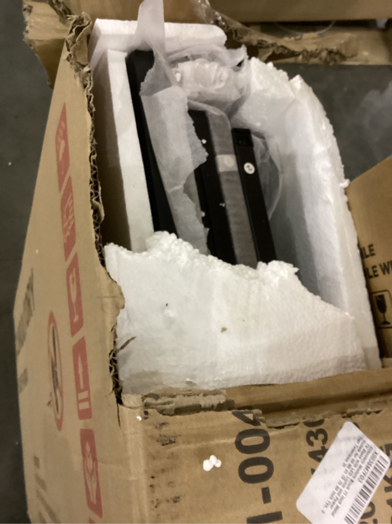 Condition photo showing As Is for Clikuutory Modern Black 71 inch Metal TV Stand with LED Lights and Power Outlets for 50 60 65 70 75 80 Inch TVs, 3 Tier Television Stands with Entertainment Center and Storage for Living Room, Bedroom 71"W x 15.4"D x 20.3"H Black