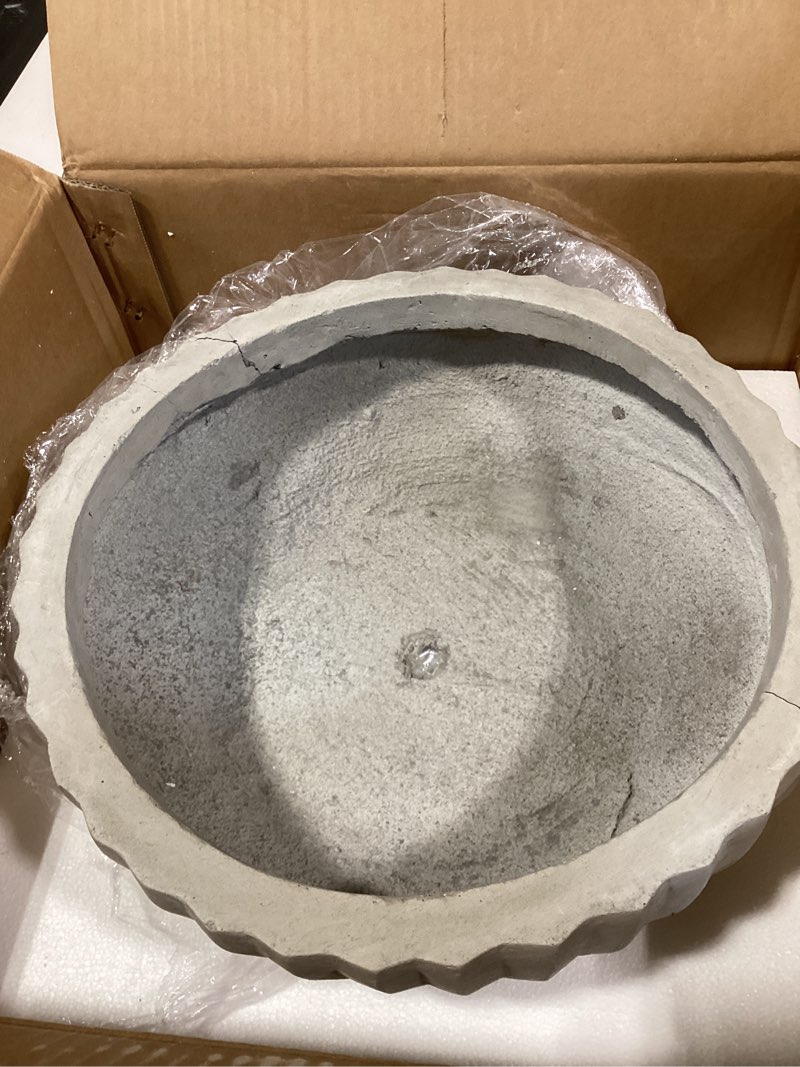 Condition photo showing Good Condition for kante round fulted bowl planter, 14.6 inch dia large concrete flower pots with drainage hole and rubber plug, suitable for for indoor outdoor plants, home, patio, garden, weathered concrete weathered concrete 14.6"w x 5.5"h