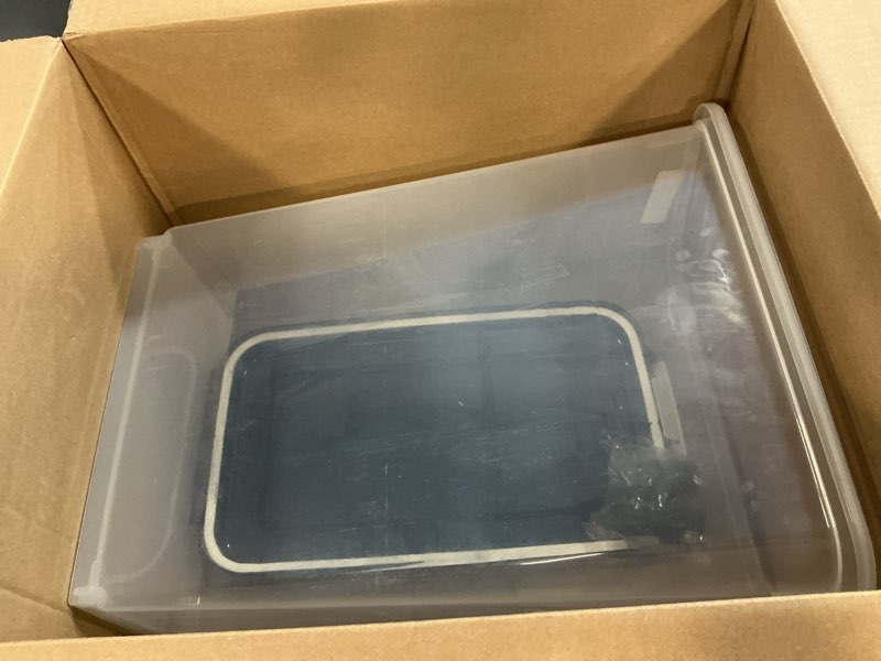 Condition photo showing As Is for iris usa dog food storage container 38 lb, airtight large pet food storage bin with wheels, for dog cat bird chicken food, holds up to 38 lbs, keep fresh, bpa free, made in usa, navy 38 lbs navy
