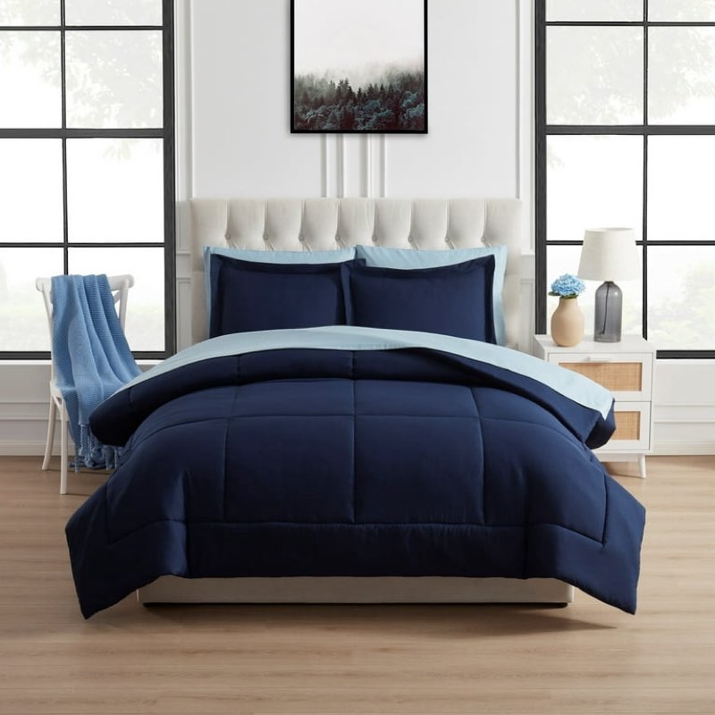 mainstays all in one reversible comforter and sheet set- 7 piece, queen, navy
