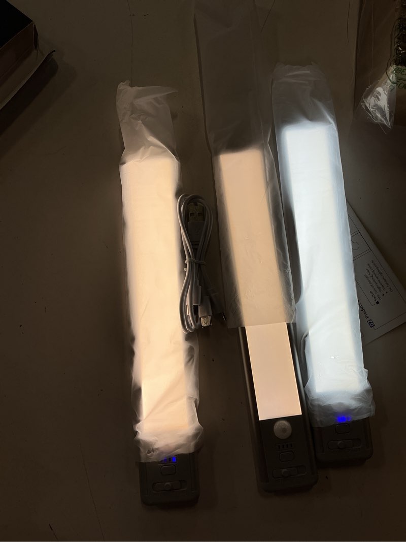 Condition photo showing Good Condition for under cabinet lighting wireless, rechargeable 10inch motion sensor light indoor, 3 color closet light battery operated with led power display, magnetic under counter lights for kitchen, home (3pack) silver 10inch-3pack