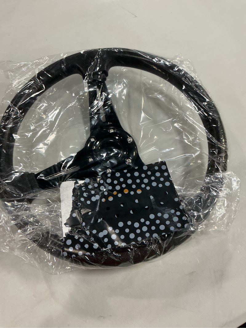 Condition photo showing Good Condition for universal racing steering wheel, 13.8 inch 6 bolt anti-slip leather and aluminum gaming steering wheel with horn button for chevy c10 racing/car sim driving/racing steering whee black