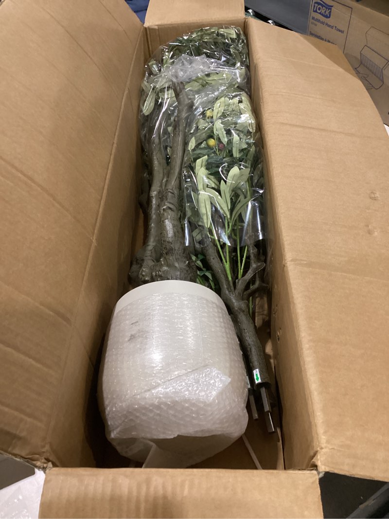 Condition photo showing New/Like New for olive tree 8ft fake tree large artificial tree indoor faux plants with pot, nearly natural olive branches and fruits for living room home office decorations