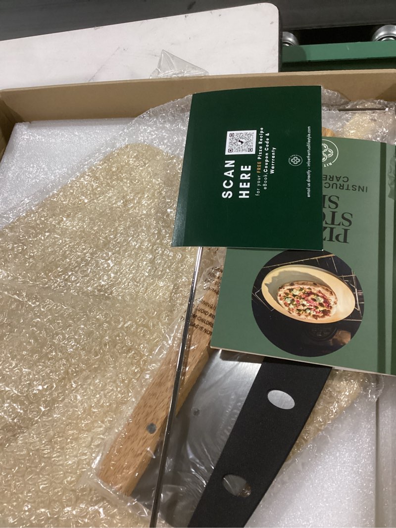 Condition photo showing Good Condition for Large Pizza Stone for Oven 16 inch - Round Pizza Stone for Grill with Handles, Wood Pizza Peel and Cutter Set - Baking Stone for Bread - Pizza Making Kit Accessories - Gifts for Food Lovers 16 inch Round Stone, Wood Peel & Cutter