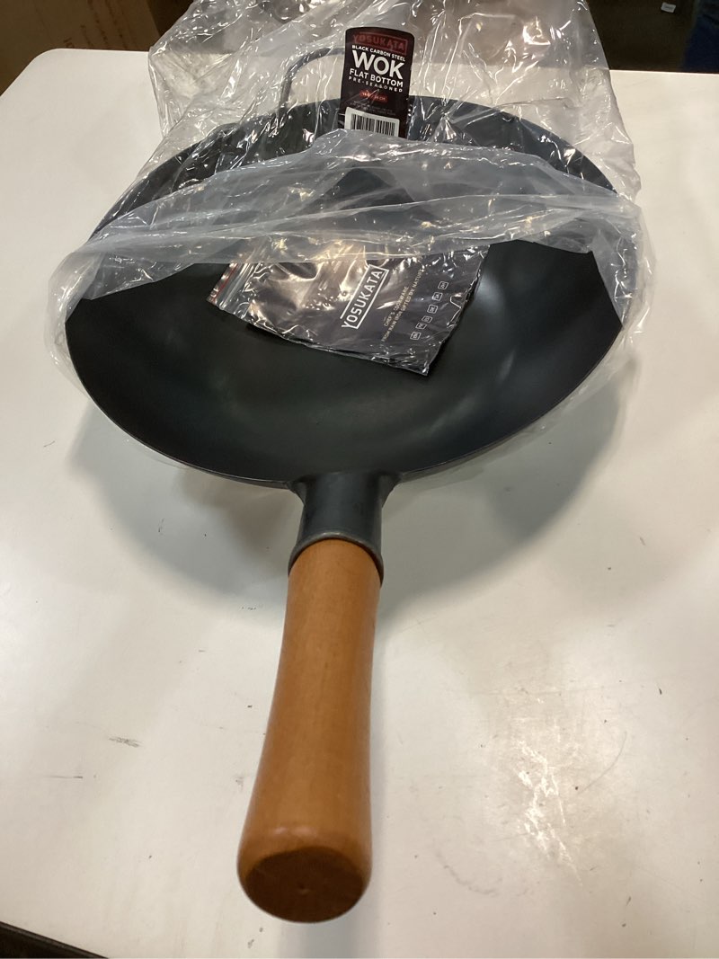 Condition photo showing Good Condition for YOSUKATA 13.5" Carbon Steel Wok Pan – Pre-Seasoned Flat Bottom Pow Wok for Stir Fry, BBQ, Grill & Camping – Traditional Japanese Chinese Cookware – Compatible with Induction, Electric, Gas, Open Fire