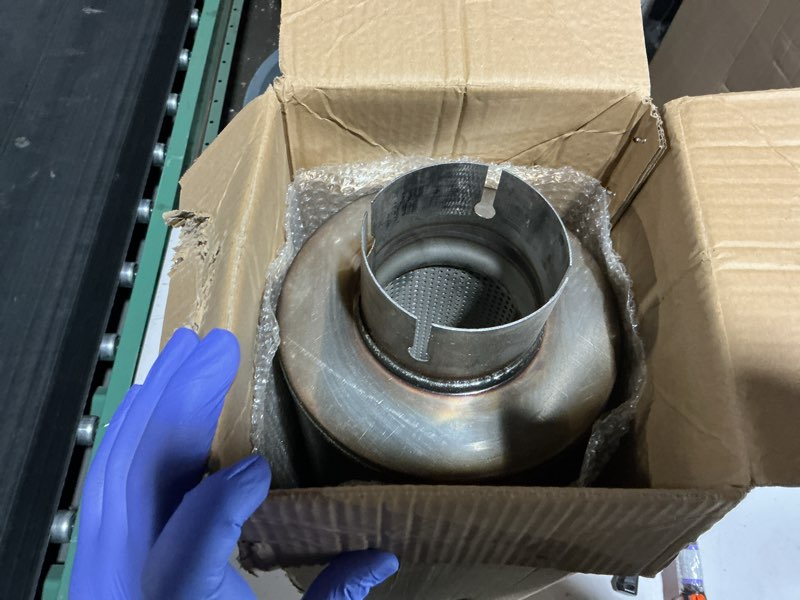 Condition photo showing Good Condition for 4" inlet/outlet diesel muffler exhaust - 8x24" body, 30" oal - straight through stainless steel - universal welded exhaust 4" inlet/outlet 8x24" body