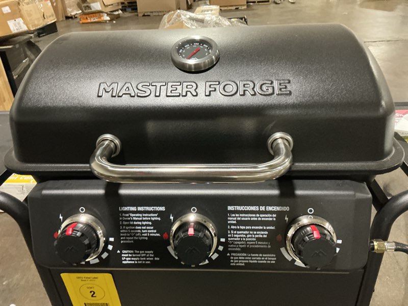 Condition photo showing As Is for master forge large 550-sq.in black 3 -burner liquid propane gas grill