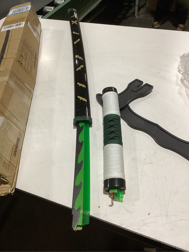 Condition photo showing As Is for RENGENG Light Up Sword, 40 Inches Rechargeable Plastic Replica with Belt & Stand, Sword with Original Texture Sanemi